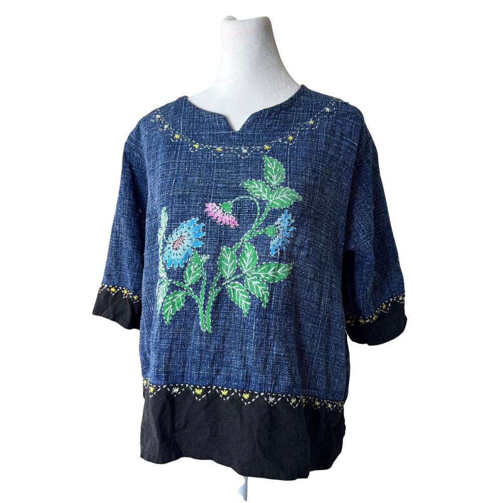 Floral Embroidered 100% Cotton 3/4 Sleeve Crop Top from Thailand
